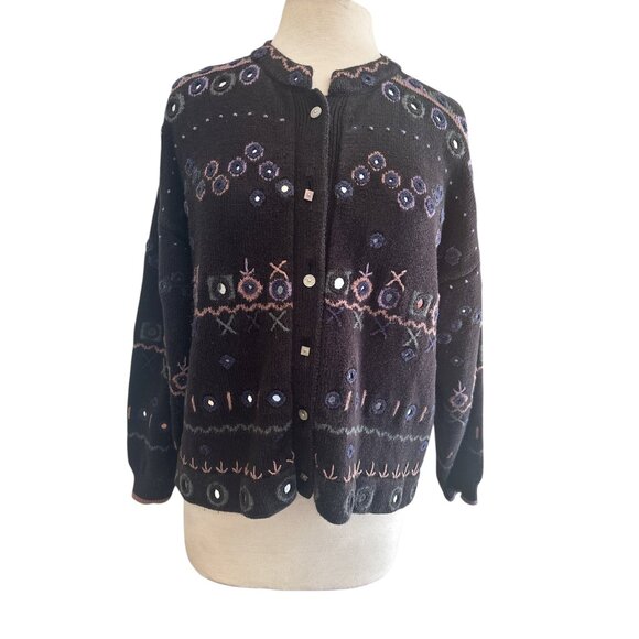 Christine Foley Embroidered Cotton Cardigan Sweater | Vintage Boho Folk Knit | S - Picture 3 of 9